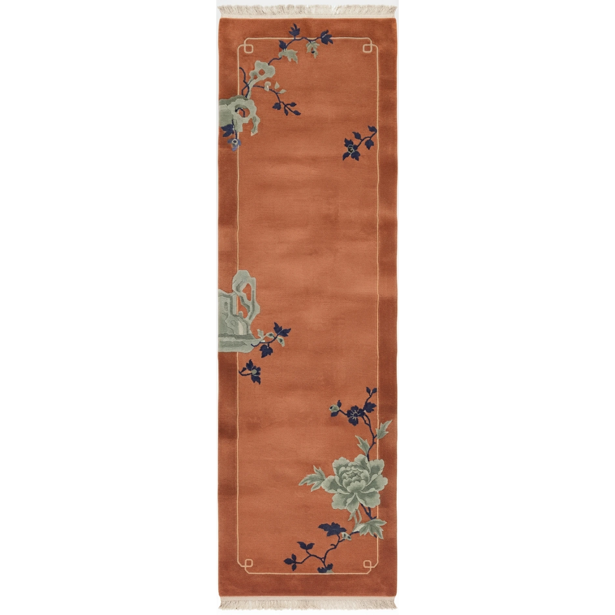 Terracotta Chinese Art Deco Hand-Knotted Runner with Sage Peonies - studio photo