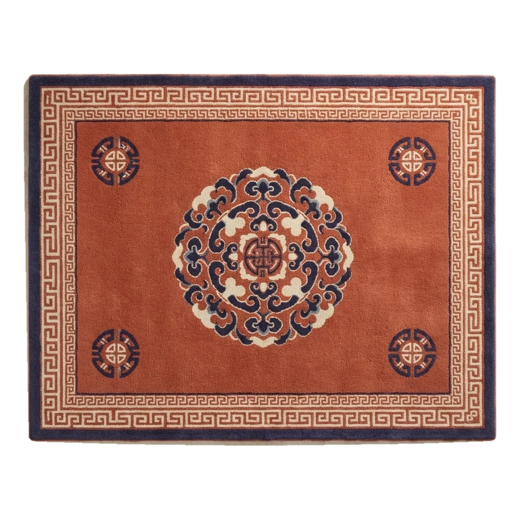 Terracotta Chinese Medallion Hand-Tufted Rug with Navy Greek Key Border - alternate view