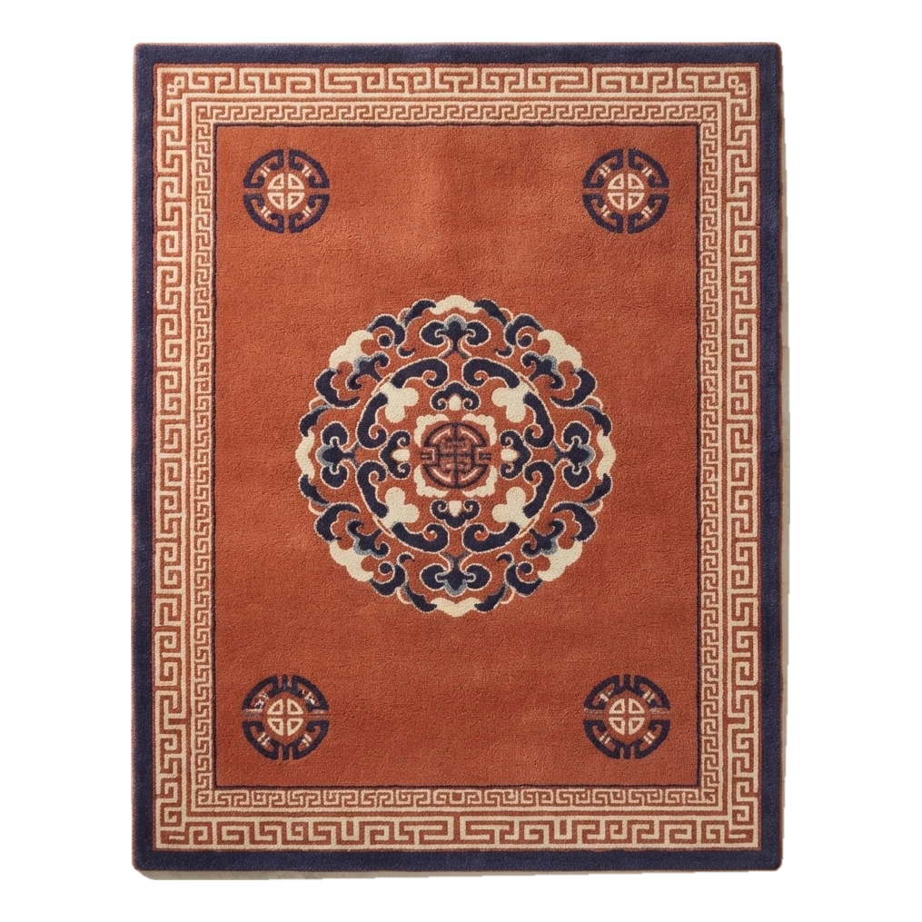 Terracotta Chinese Medallion Hand-Tufted Rug with Navy Greek Key Border