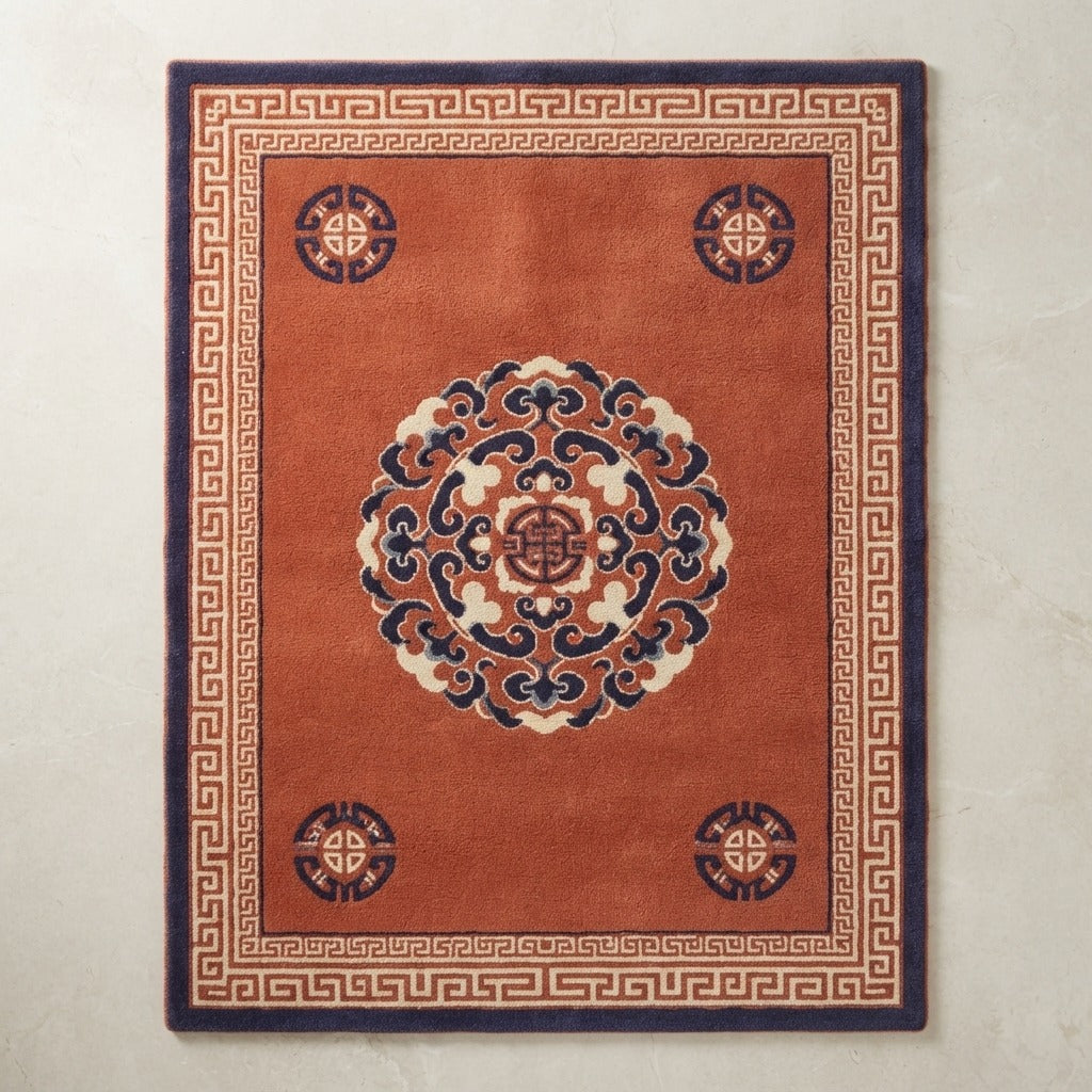 Terracotta Chinese Medallion Hand-Tufted Rug with Navy Greek Key Border - studio photo