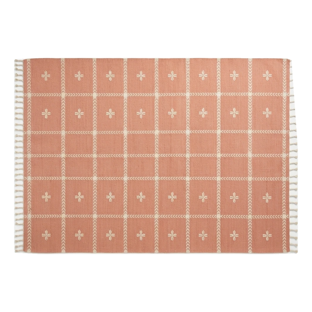 Terracotta Cotton Flat Weave Rug with Ivory Grid and Star Crosses - alternate view