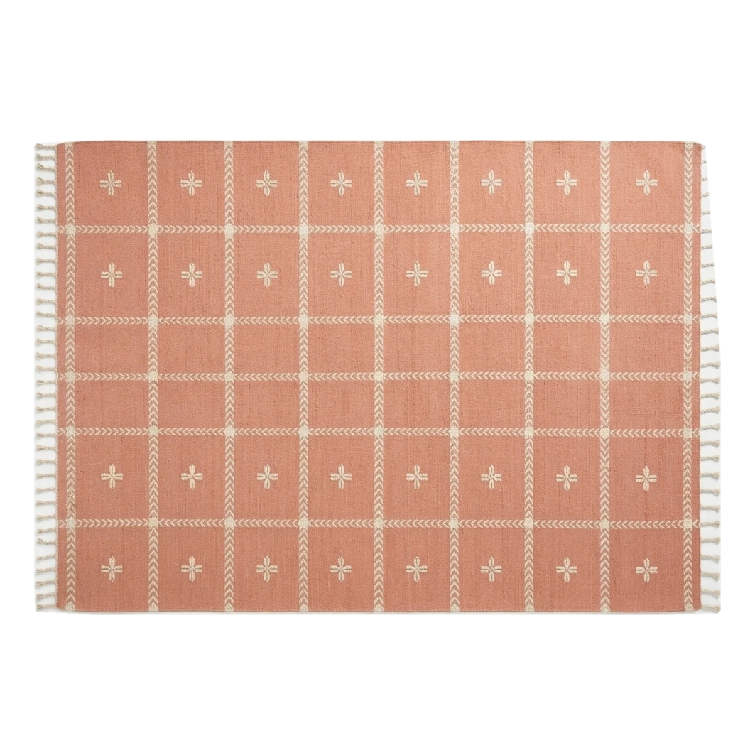 Terracotta Cotton Flat Weave Rug with Ivory Grid and Star Crosses - alternate view