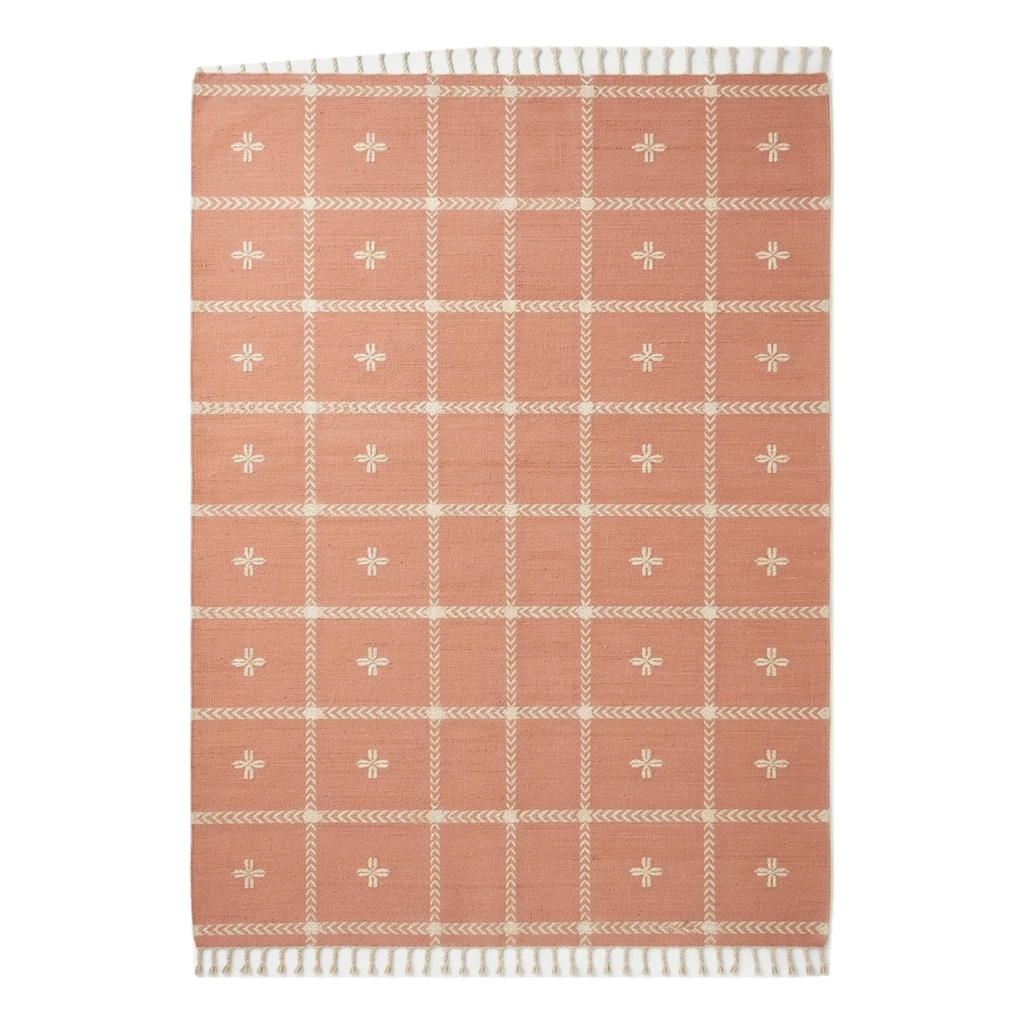 Terracotta Cotton Flat Weave Rug with Ivory Grid and Star Crosses