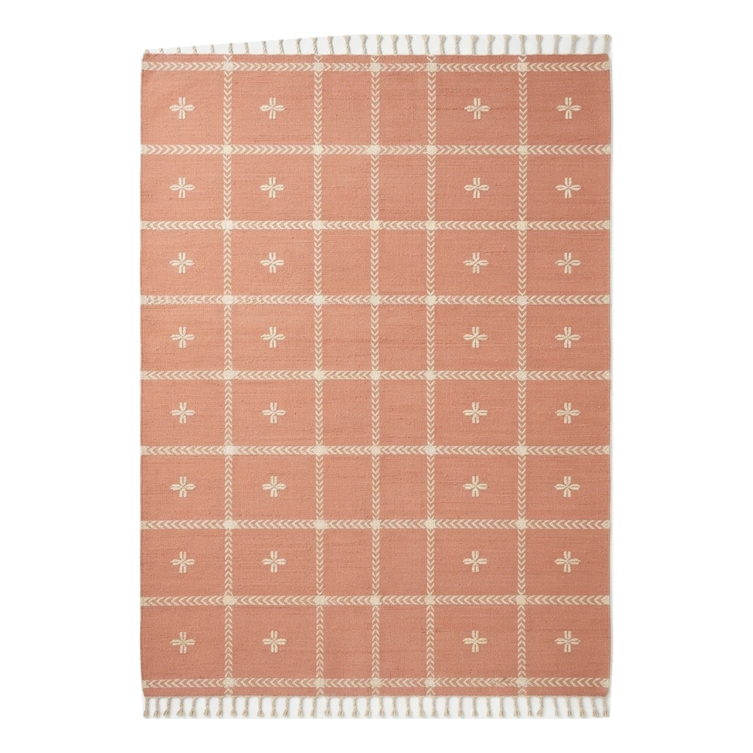 Terracotta Cotton Flat Weave Rug with Ivory Grid and Star Crosses