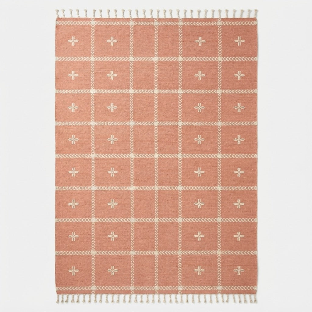 Terracotta Cotton Flat Weave Rug with Ivory Grid and Star Crosses - studio photo