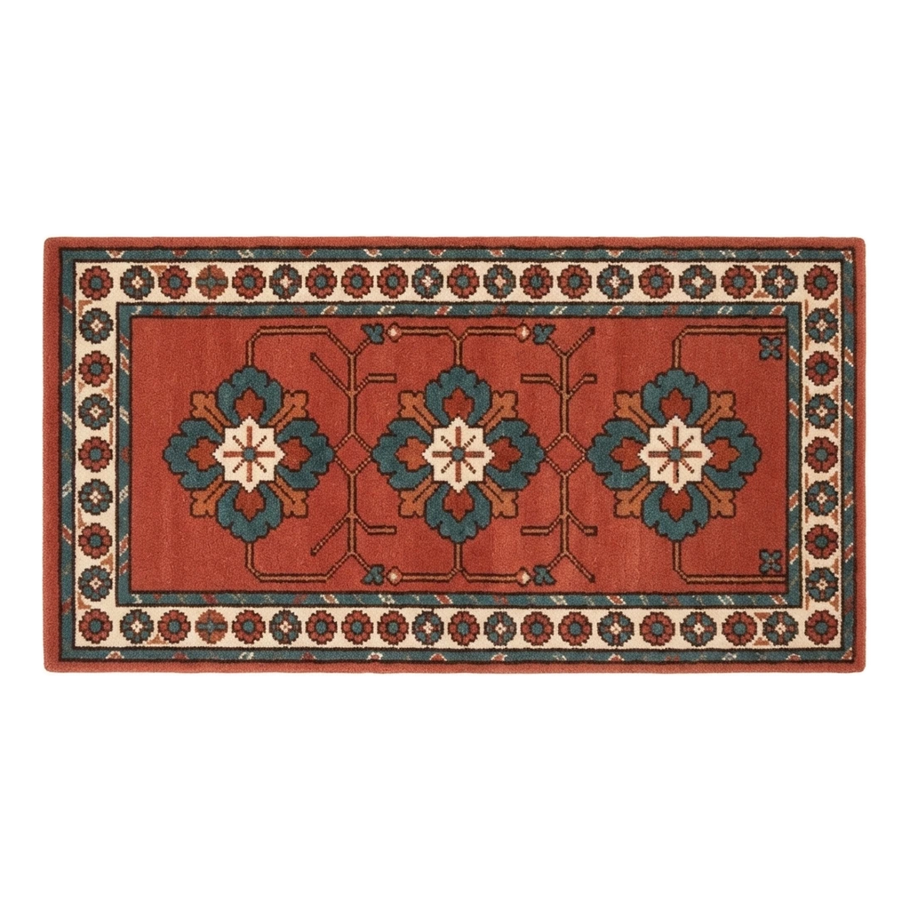 Terracotta Floral Medallion Hand-Tufted Runner with Teal Blooms - alternate view