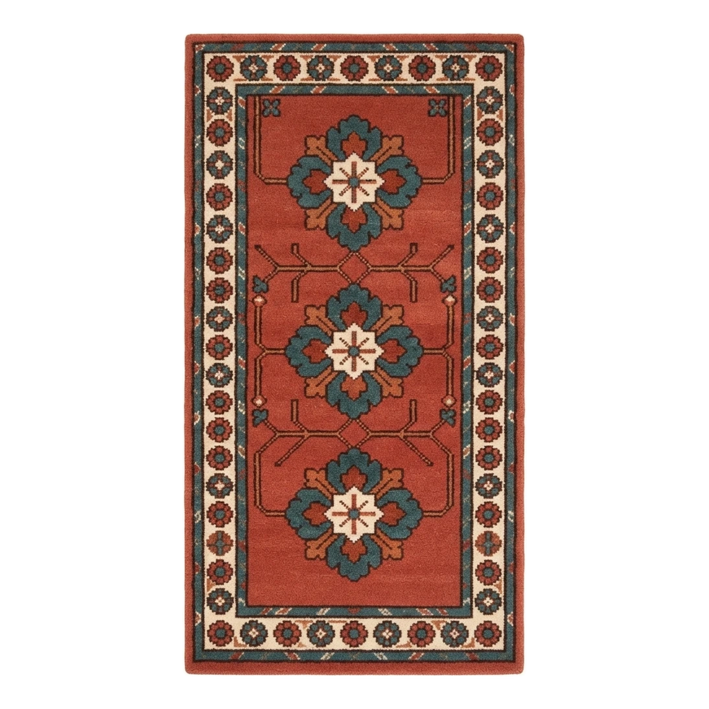 Terracotta Floral Medallion Hand-Tufted Runner with Teal Blooms