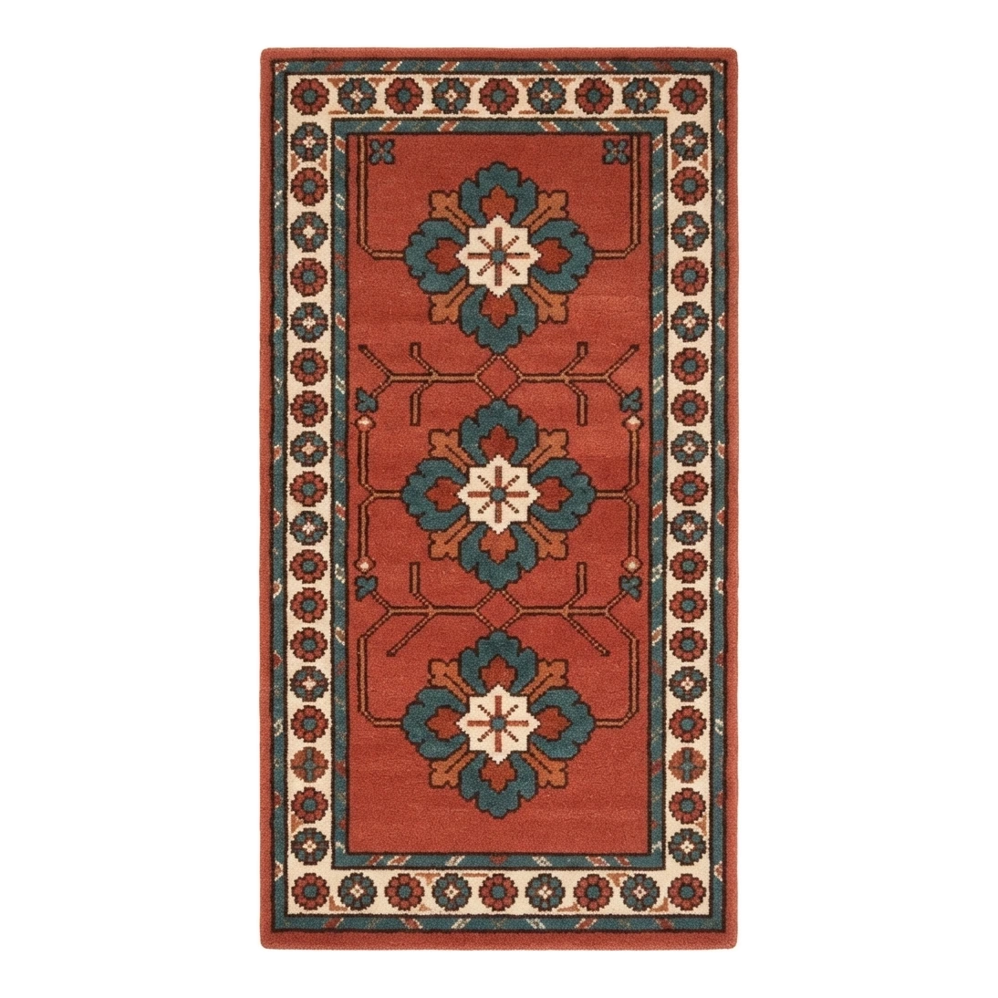 Terracotta Floral Medallion Hand-Tufted Runner with Teal Blooms