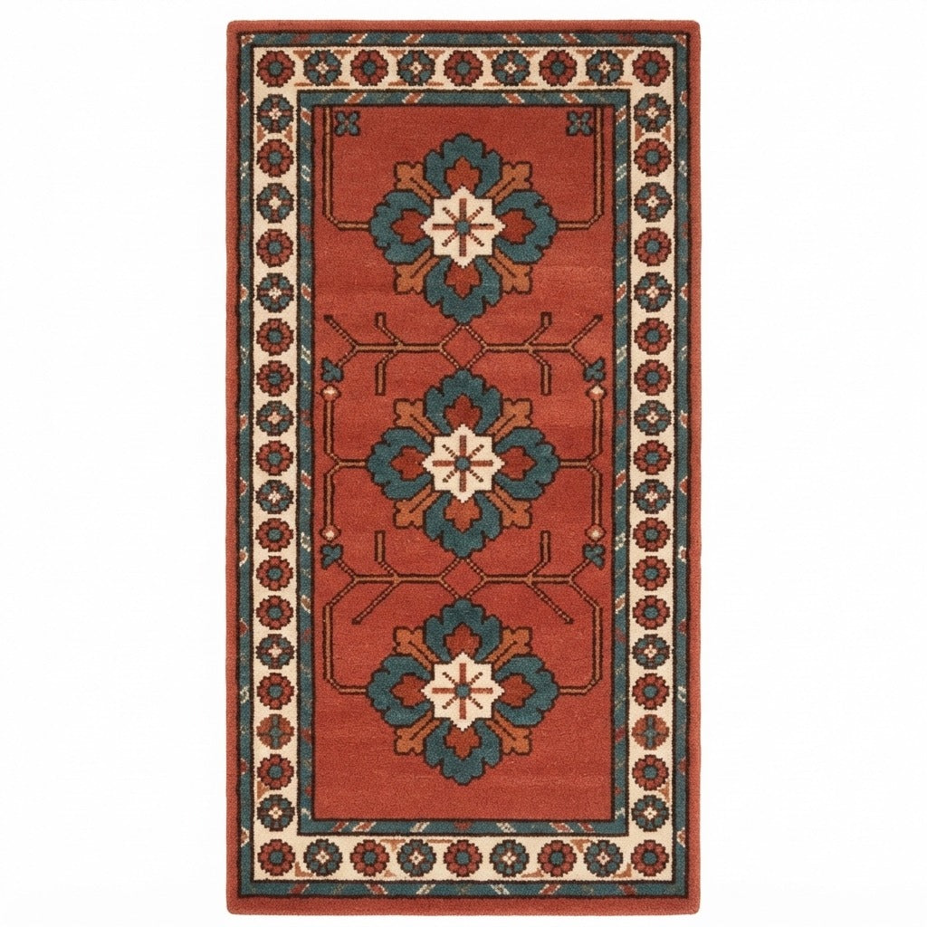 Terracotta Floral Medallion Hand-Tufted Runner with Teal Blooms - studio photo