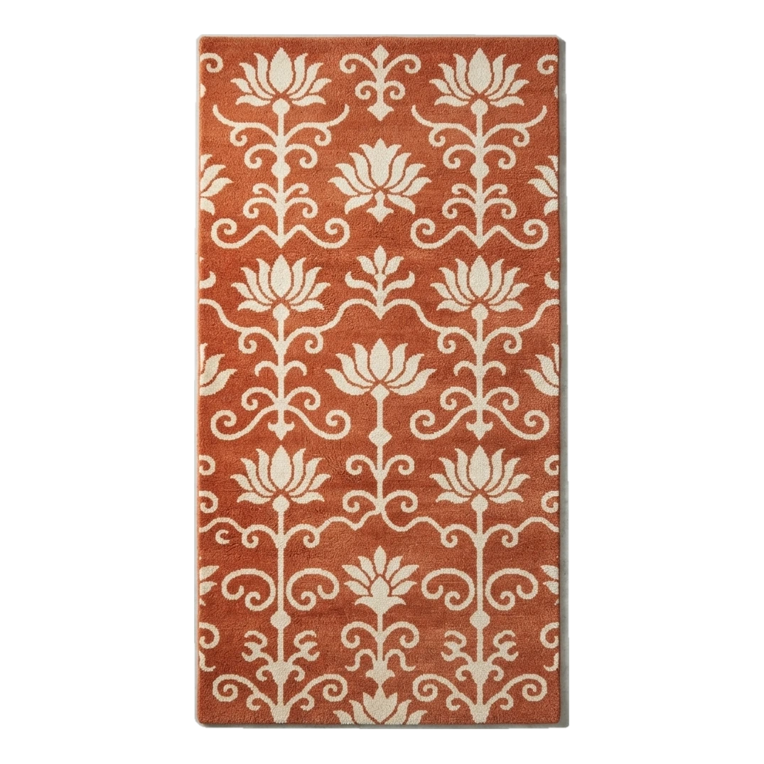 Terracotta Lotus Vine Hand-Tufted Runner with Ivory Blooms