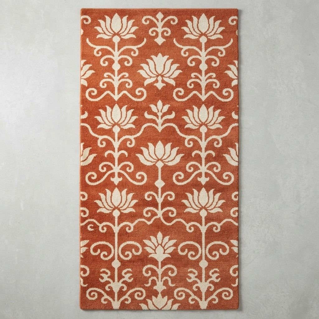 Terracotta Lotus Vine Hand-Tufted Runner with Ivory Blooms - studio photo