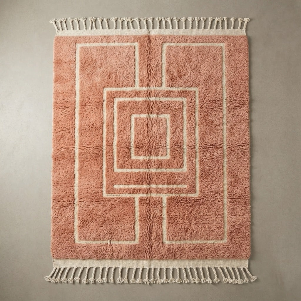 Terracotta Maze Moroccan Shag Rug with Cream Lines - studio photo