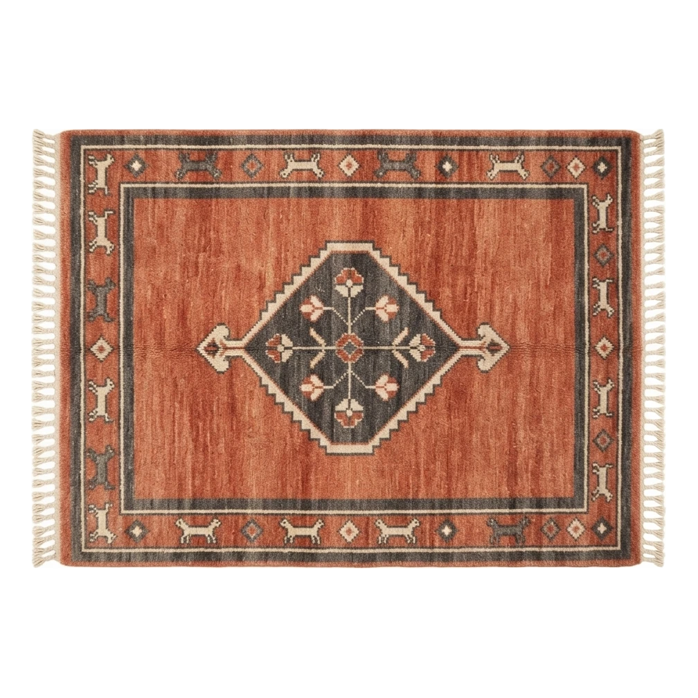 Terracotta Medallion Hand-Knotted Rug with Charcoal Animal Border - alternate view