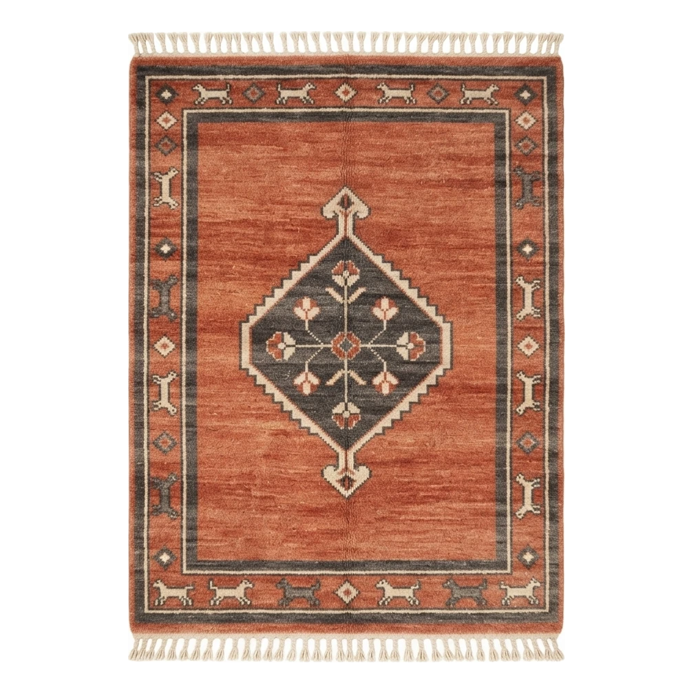 Terracotta Medallion Hand-Knotted Rug with Charcoal Animal Border