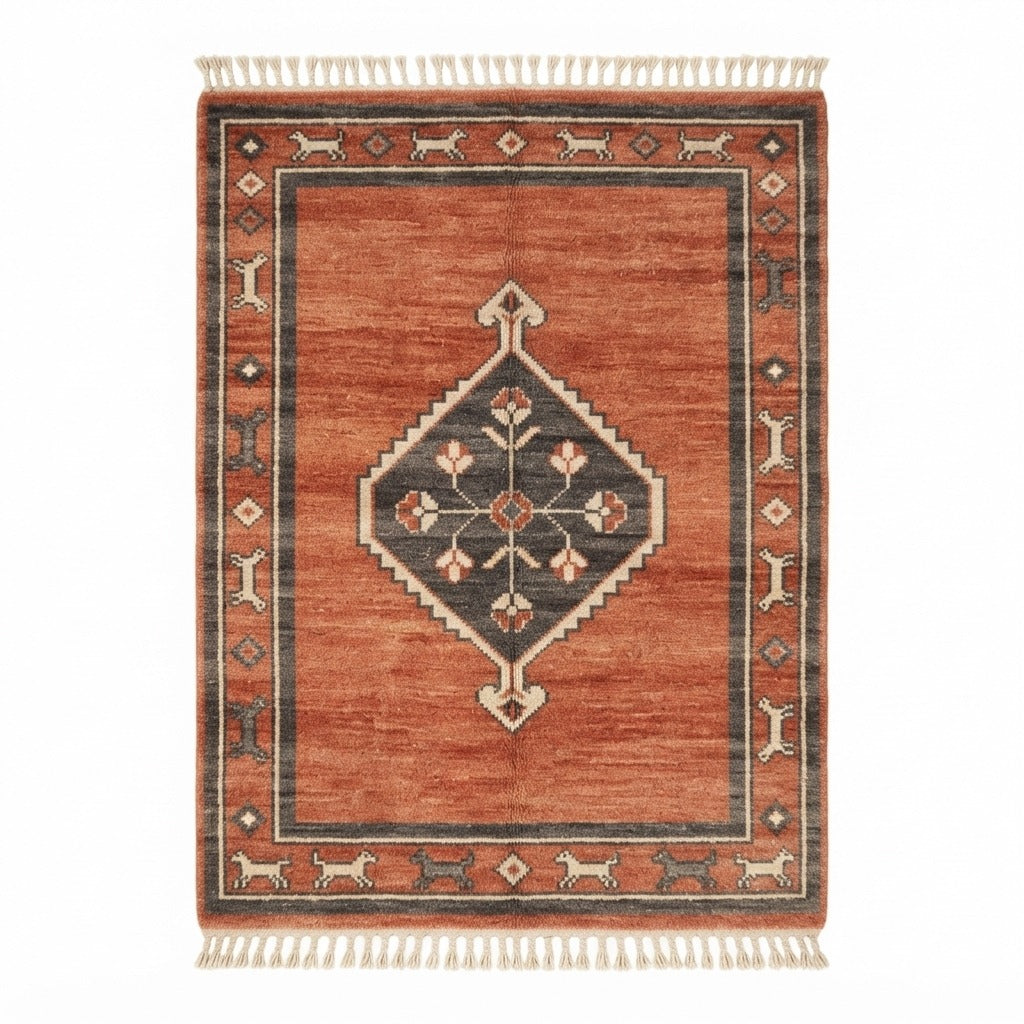 Terracotta Medallion Hand-Knotted Rug with Charcoal Animal Border - studio photo