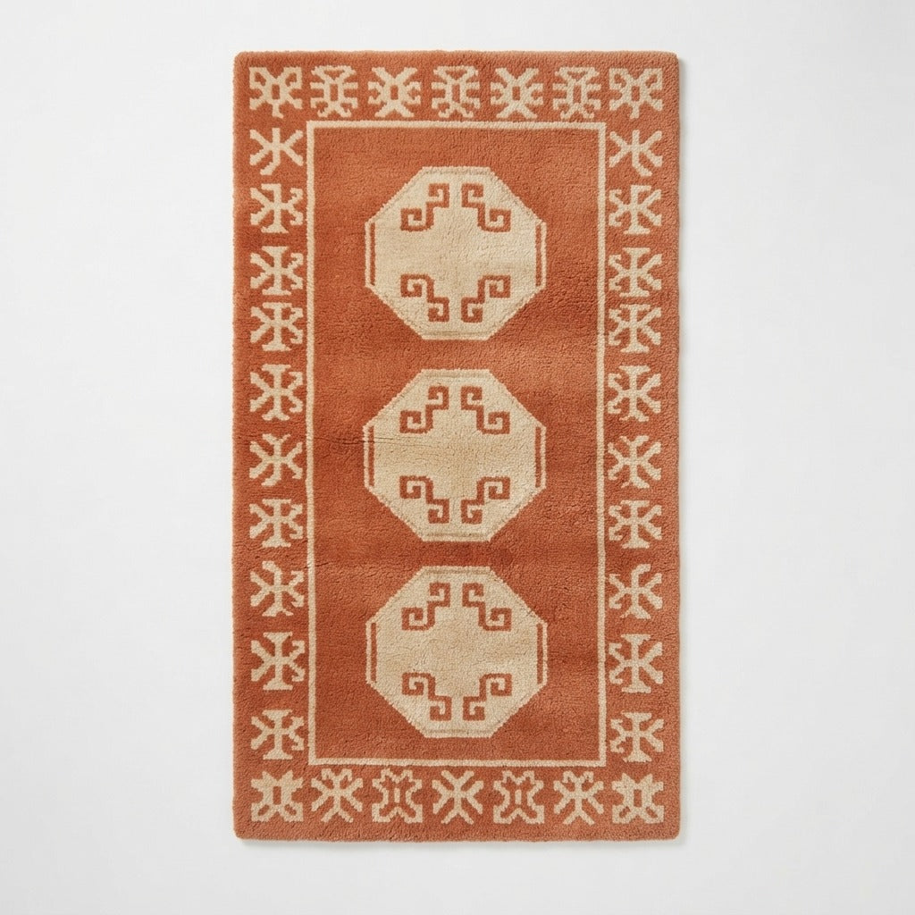 Terracotta Octagon Medallion Hand-Tufted Runner with Ivory Tribal Border - studio photo