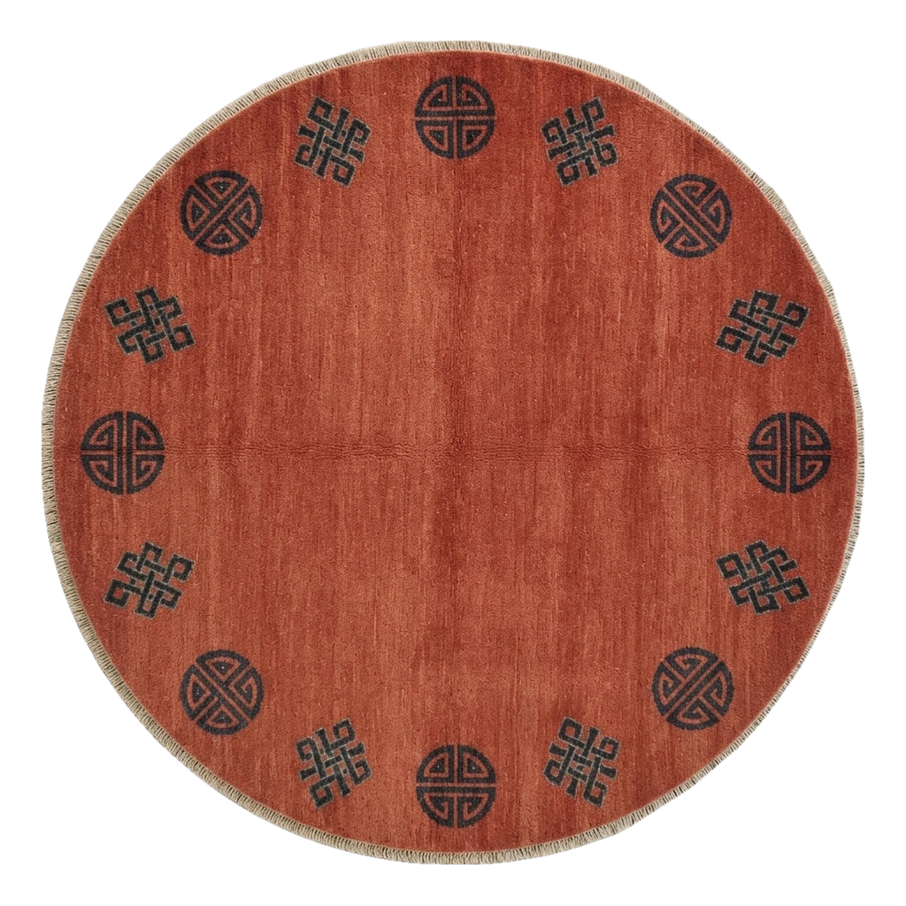 Terracotta Round Hand-Knotted Rug with Charcoal Shou Emblems - alternate view