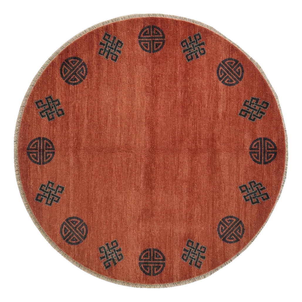 Terracotta Round Hand-Knotted Rug with Charcoal Shou Emblems - alternate view