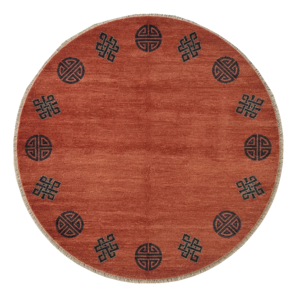 Terracotta Round Hand-Knotted Rug with Charcoal Shou Emblems