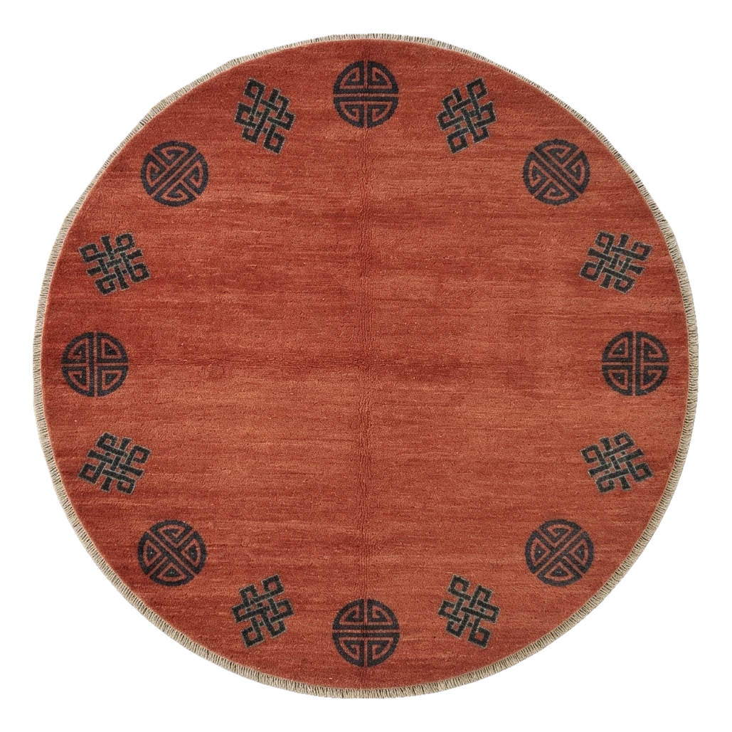 Terracotta Round Hand-Knotted Rug with Charcoal Shou Emblems