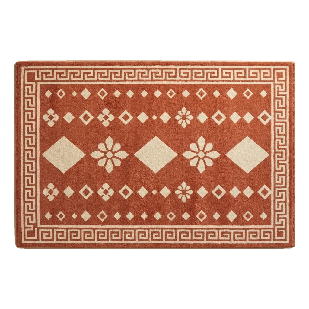 Terracotta Tribal Diamond Hand-Tufted Rug with Cream Greek Key Border - alternate view