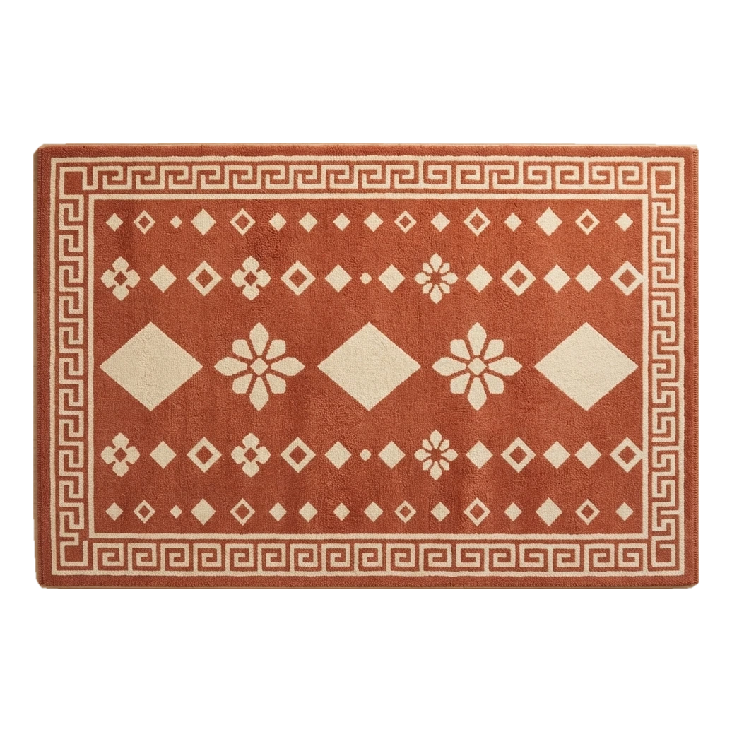 Terracotta Tribal Diamond Hand-Tufted Rug with Cream Greek Key Border - alternate view