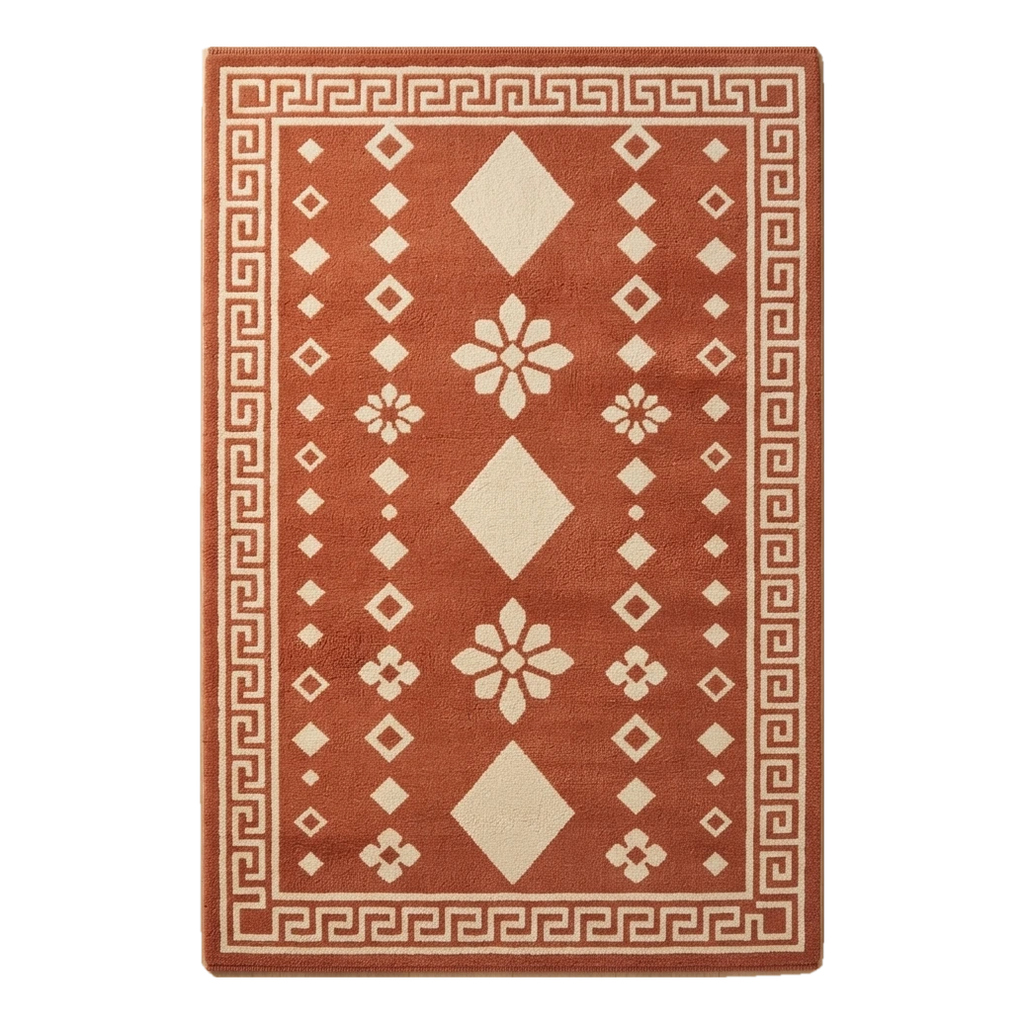 Terracotta Tribal Diamond Hand-Tufted Rug with Cream Greek Key Border