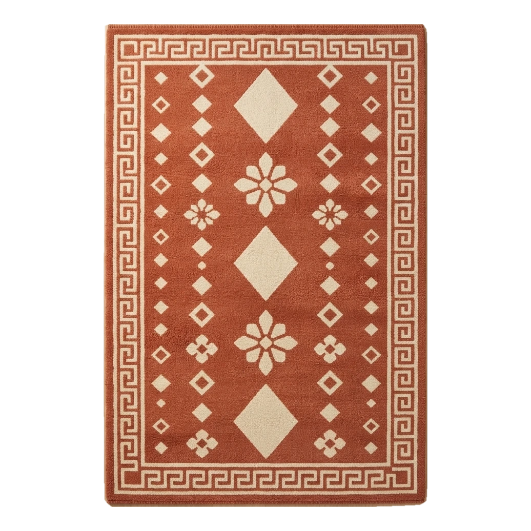 Terracotta Tribal Diamond Hand-Tufted Rug with Cream Greek Key Border