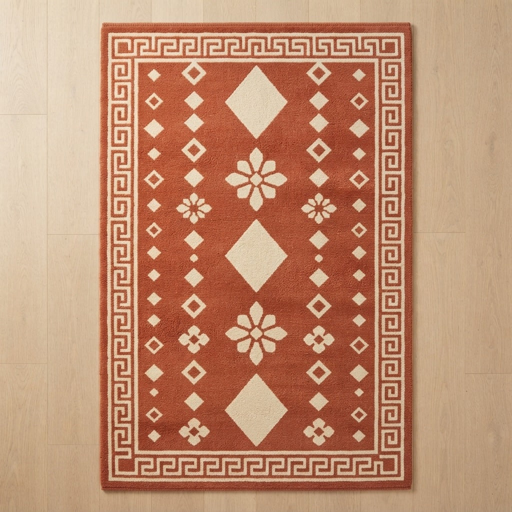 Terracotta Tribal Diamond Hand-Tufted Rug with Cream Greek Key Border - studio photo