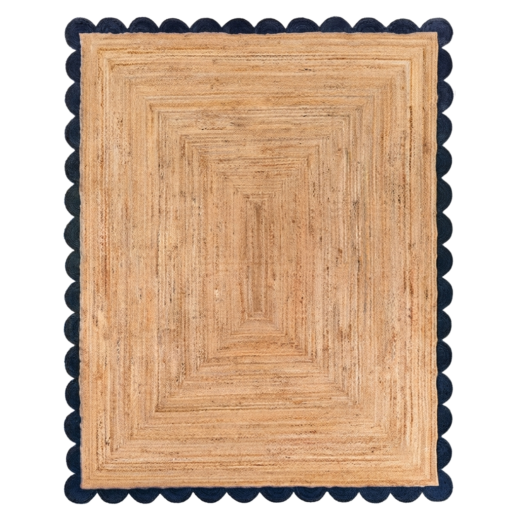 Natural Braided Jute Rug with Navy Blue Scalloped Border