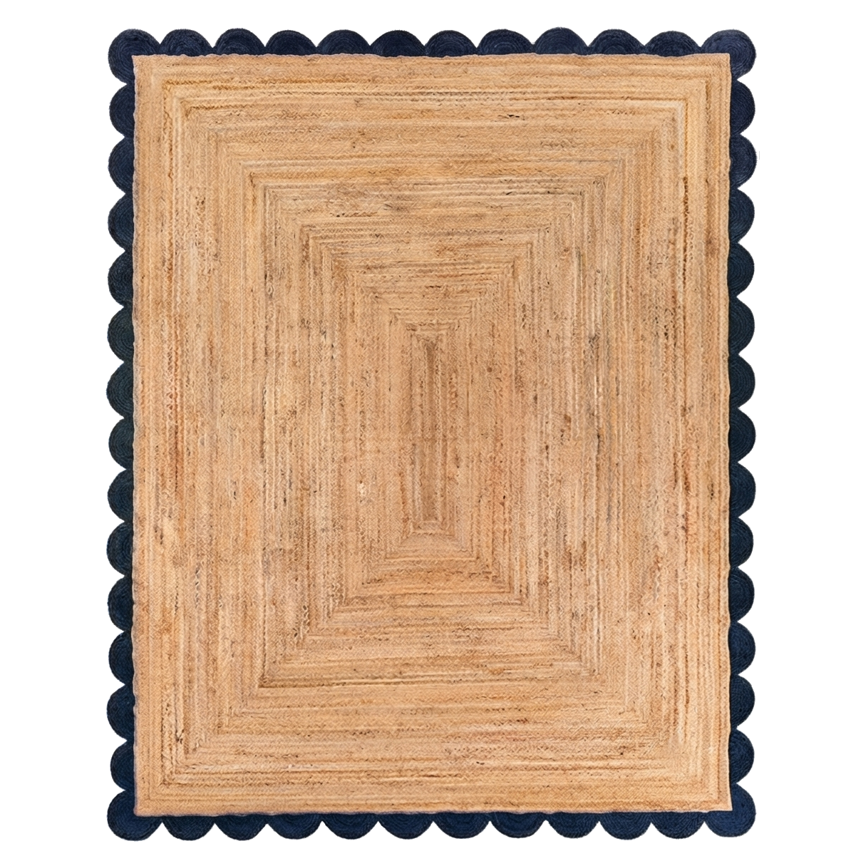 Natural Braided Jute Rug with Navy Blue Scalloped Border