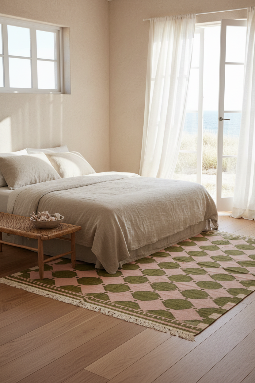 Olive Green and Pink Dot Grid Cotton Flat Weave Rug