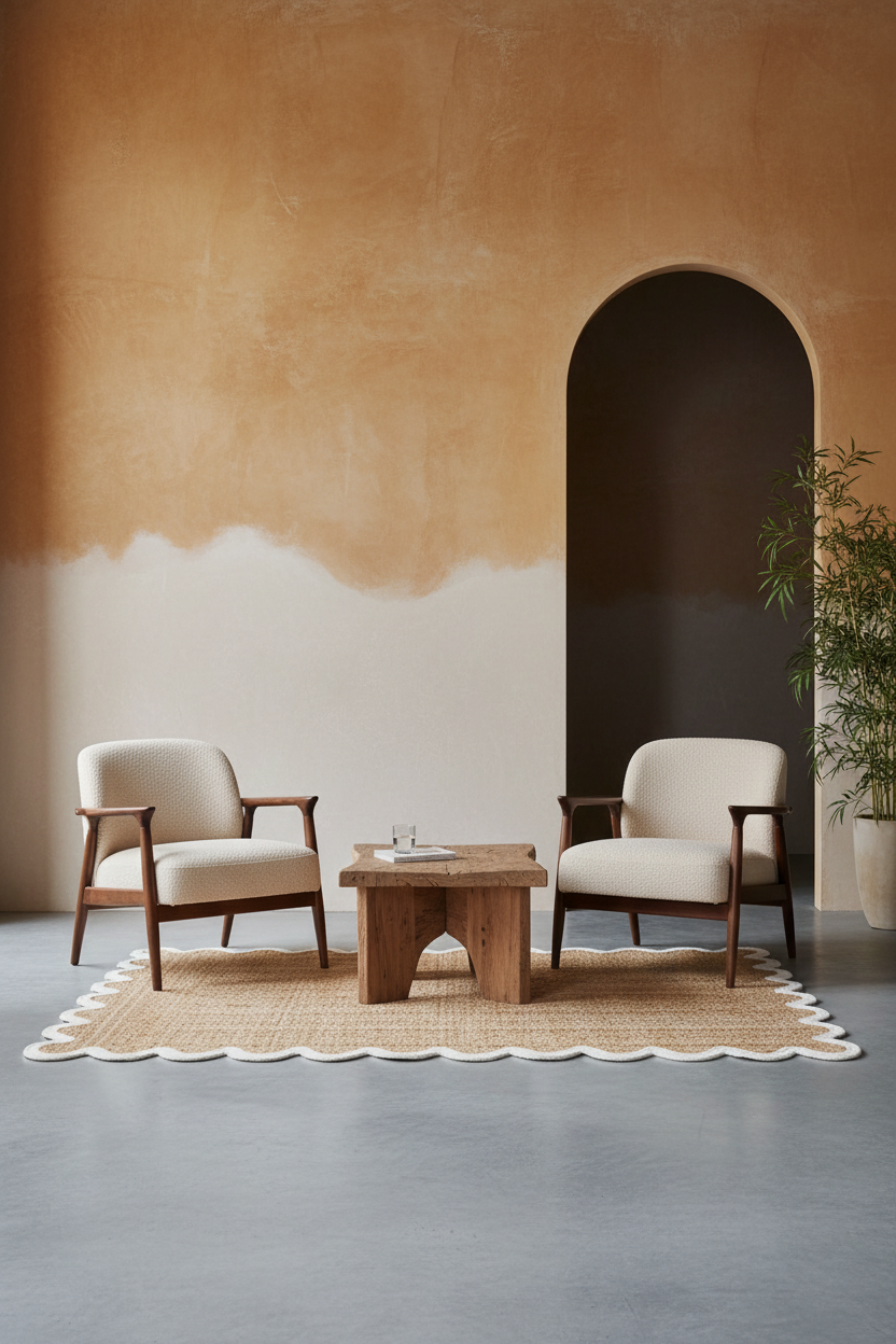 Natural Woven Jute Rug with White Scalloped Border