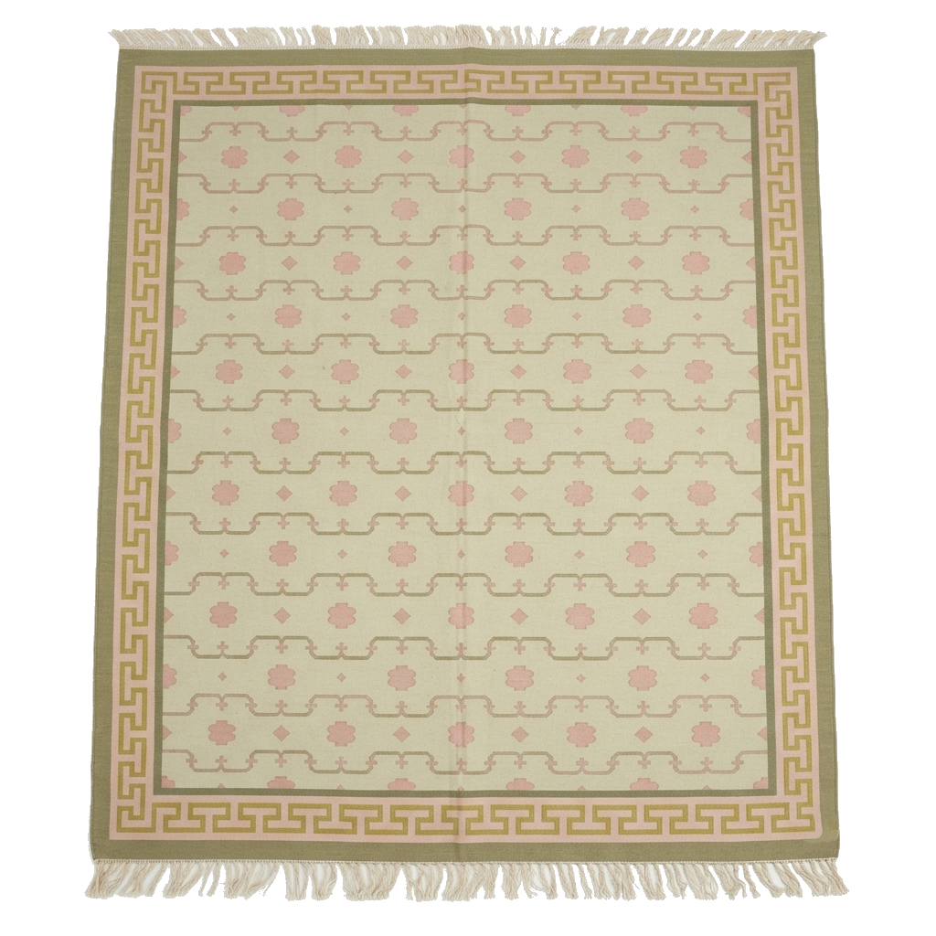 Ivory Cotton Flat Weave Rug with Sage Green Motifs and Greek Key Border