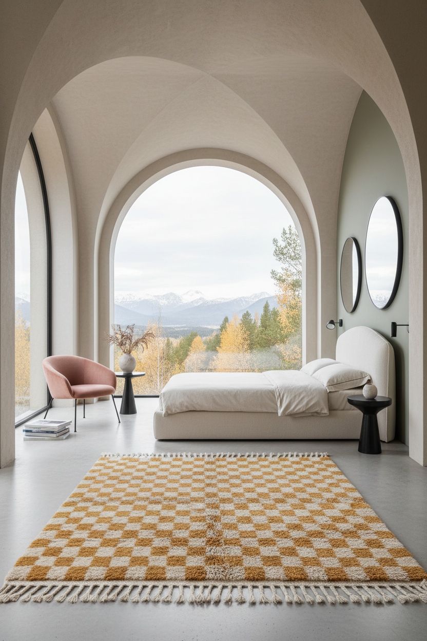 A modern bedroom interior with a large patterned area rug in front of a bed, an arched window showing a mountain landscape, a pink armchair, and sculptural walls and ceiling.