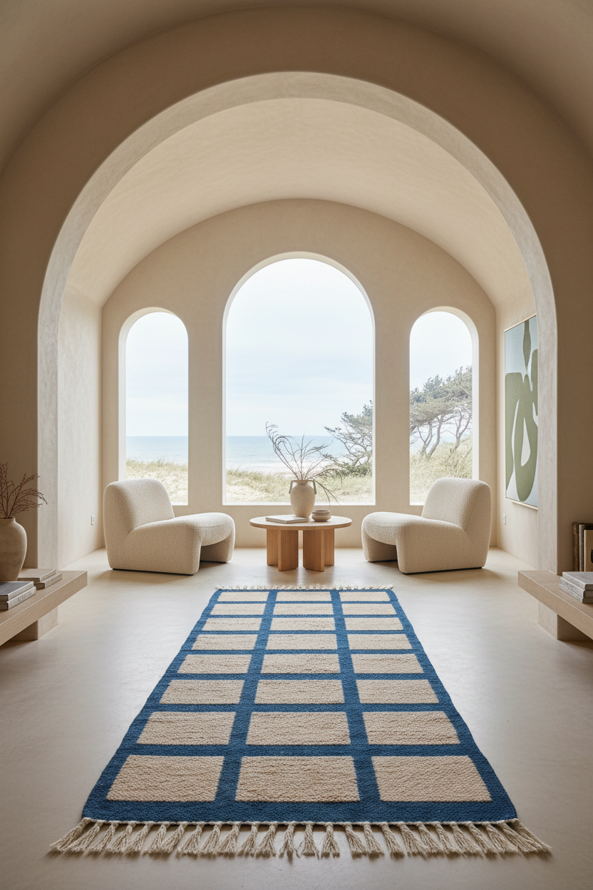 A long rectangular area rug with a blue grid pattern and cream fringe is displayed in a modern, sunlit room with arched windows overlooking the ocean.