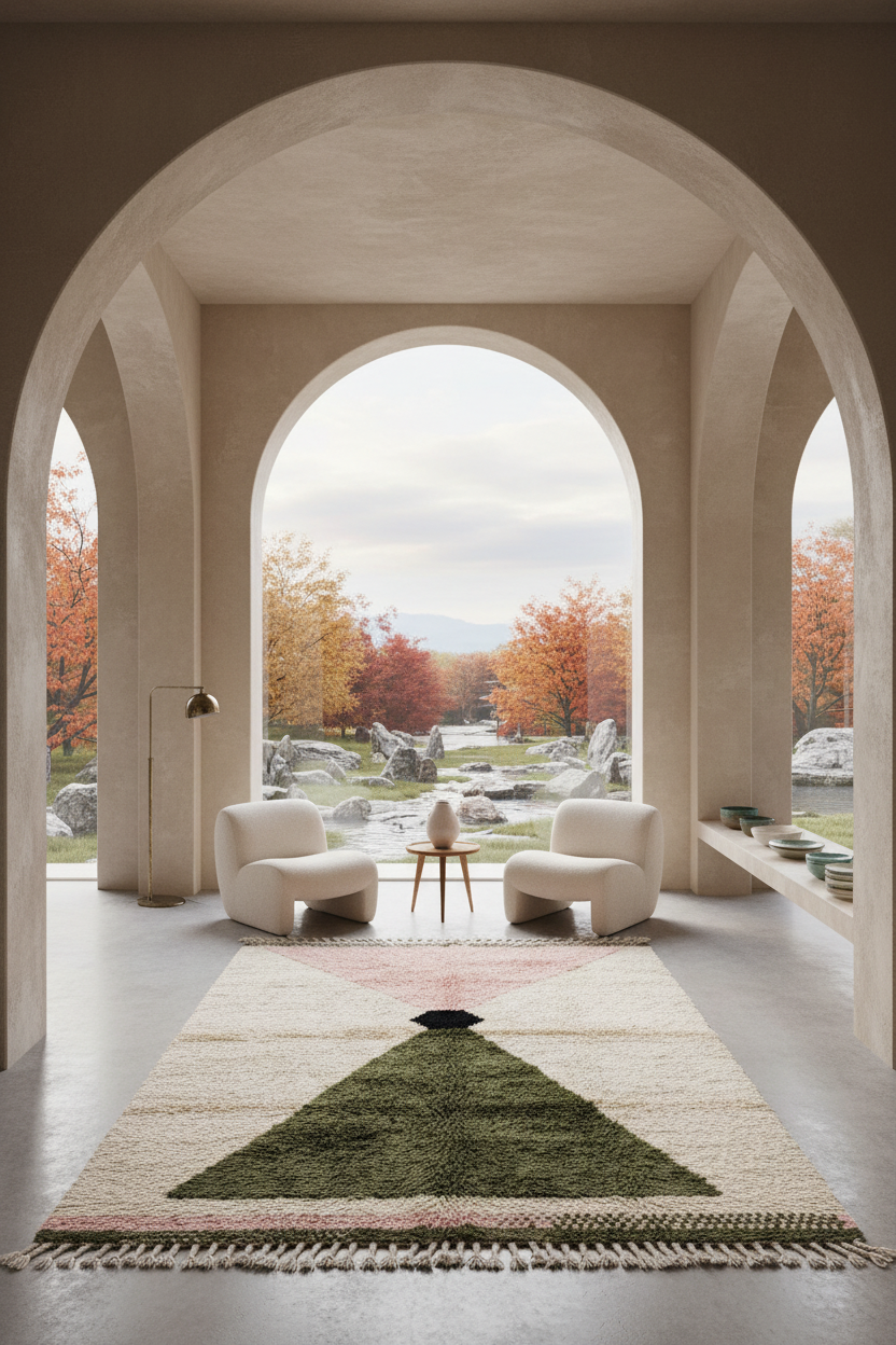 A large rectangular area rug with a green triangular pattern sits on a polished stone floor inside a grand arched interior. Two cream-colored armchairs and a small wooden side table are placed on a pink runner rug, with a garden courtyard and autumn trees visible outside.