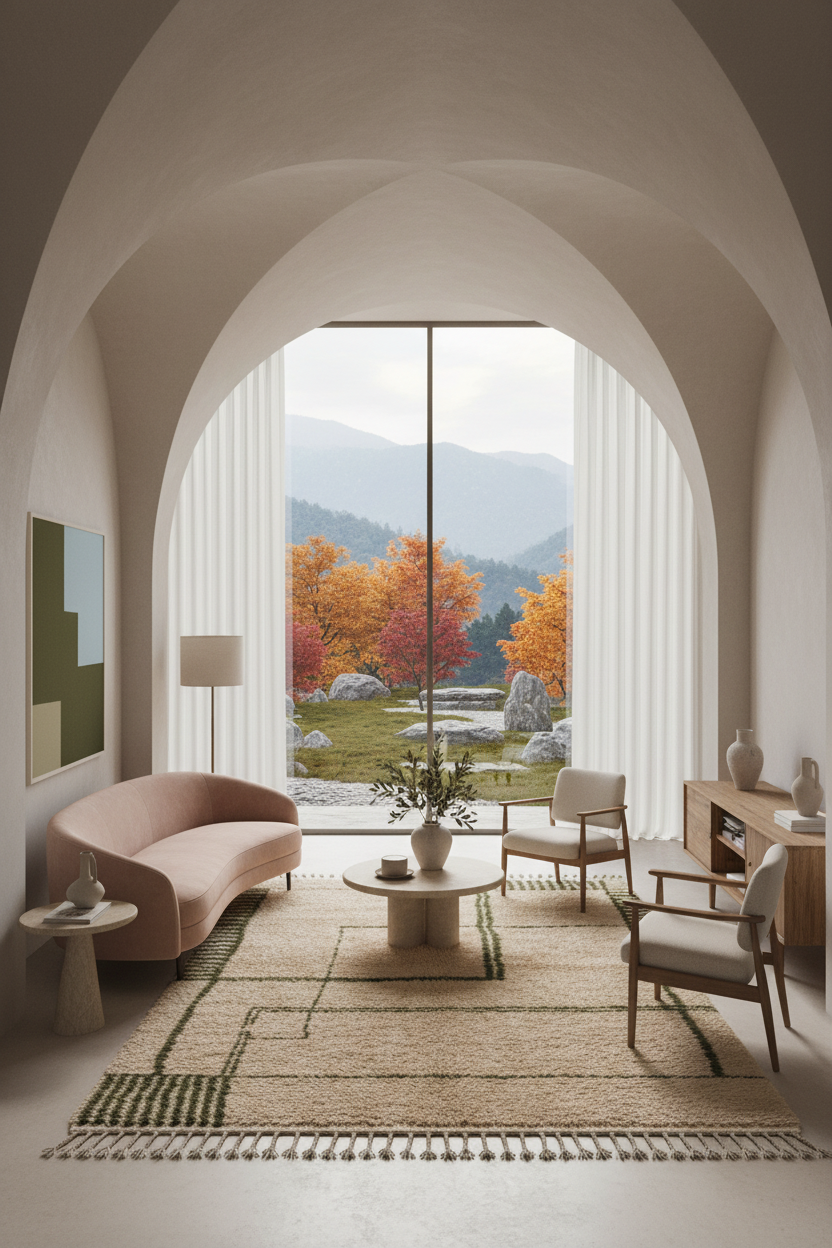 A modern living room with a pink curved sofa, two light wood armchairs, a low round coffee table, and a large patterned area rug, all arranged under a tall arched window looking out onto mountains and autumn trees.