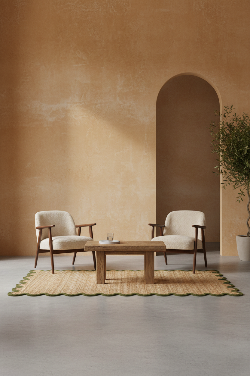 A minimalist living room setup featuring two cream upholstered armchairs with dark wood frames, a low rectangular wooden coffee table, and a woven natural fiber rug, set against a warm textured stucco wall with an arched alcove.