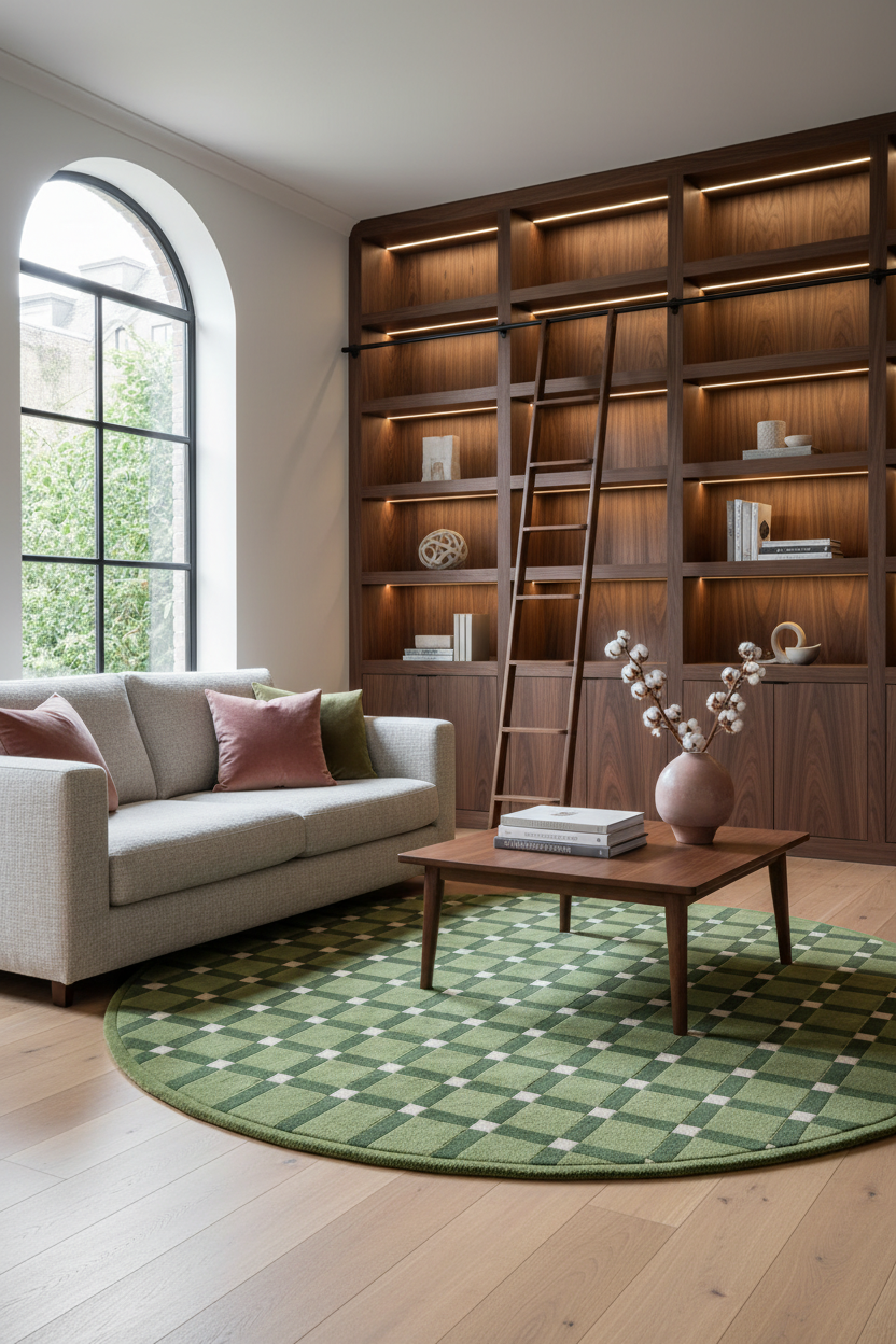 Olive Green Round Hand-Tufted Rug with Pink Windowpane Grid