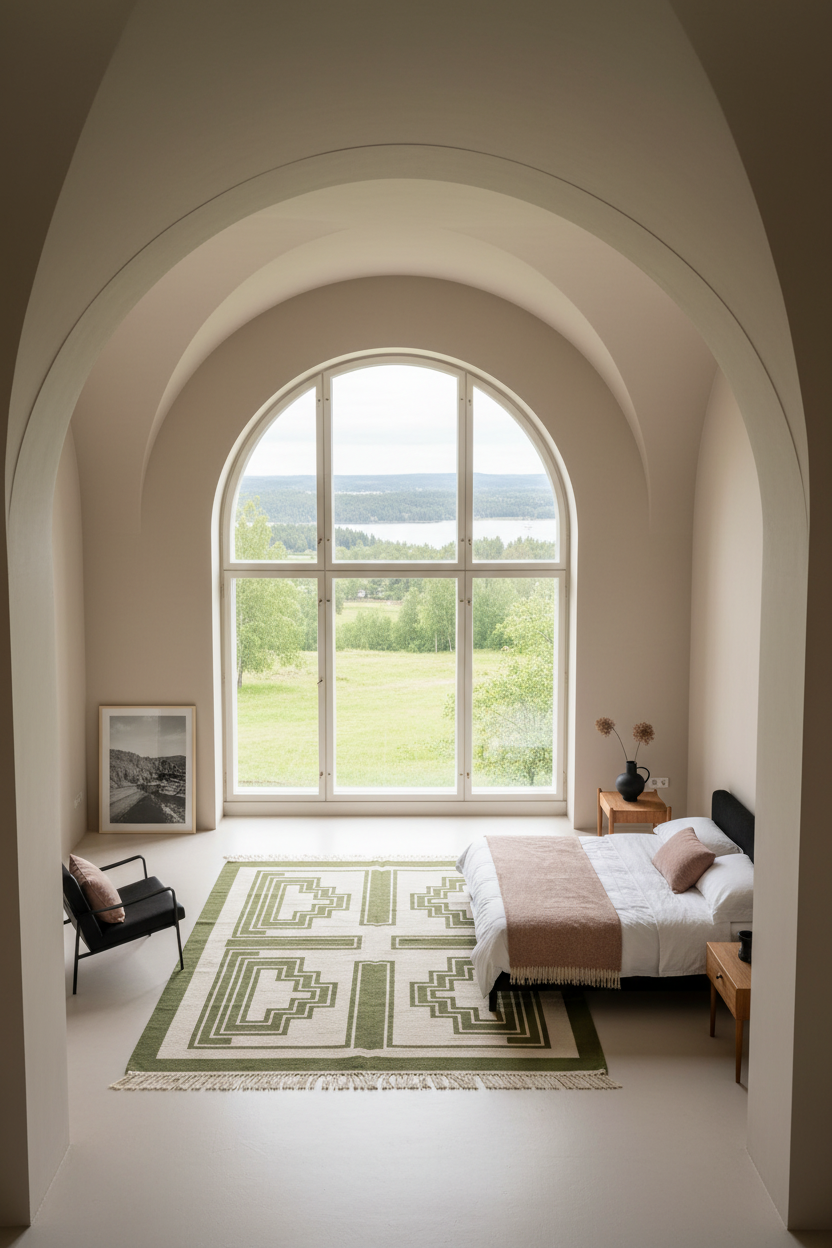 A styled bedroom interior with a large arched window overlooking a green landscape. The room features cream walls, a geometric green and white rug, a bed with white bedding and a blush pink throw, a black accent chair, and a small bedside table.
