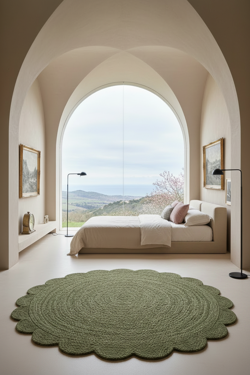 A beautifully styled bedroom featuring a large scalloped green wool rug in the foreground, a bed with neutral bedding, a light blue accent chair, and a massive arched window looking out to a scenic landscape. The room has warm beige walls with arched architectural details.