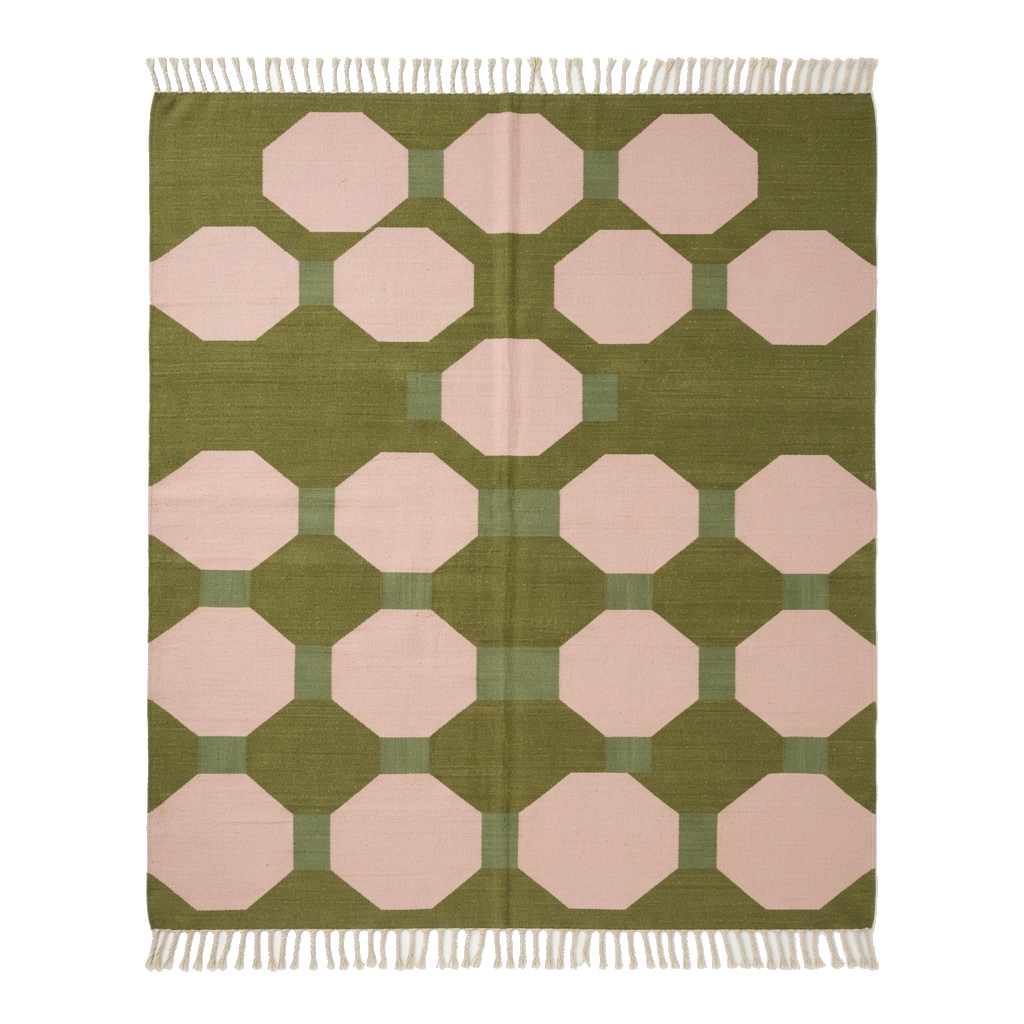 Olive Green Cotton Flat Weave Rug with Pink Octagon Dots