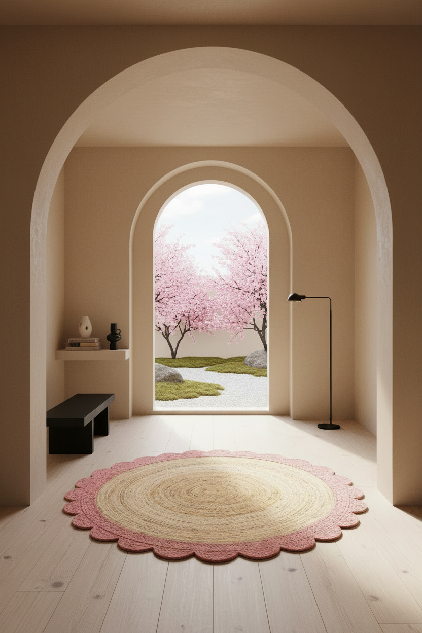 A round natural jute rug with a pink scalloped edge, styled in a minimalist room with beige walls and wooden floors, framed by a large arched doorway looking out to a cherry blossom garden.