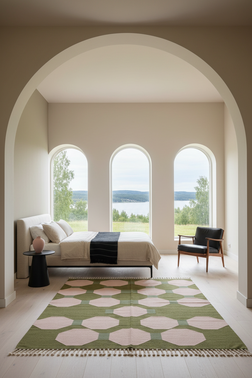 Olive Green Cotton Flat Weave Rug with Pink Octagon Dots