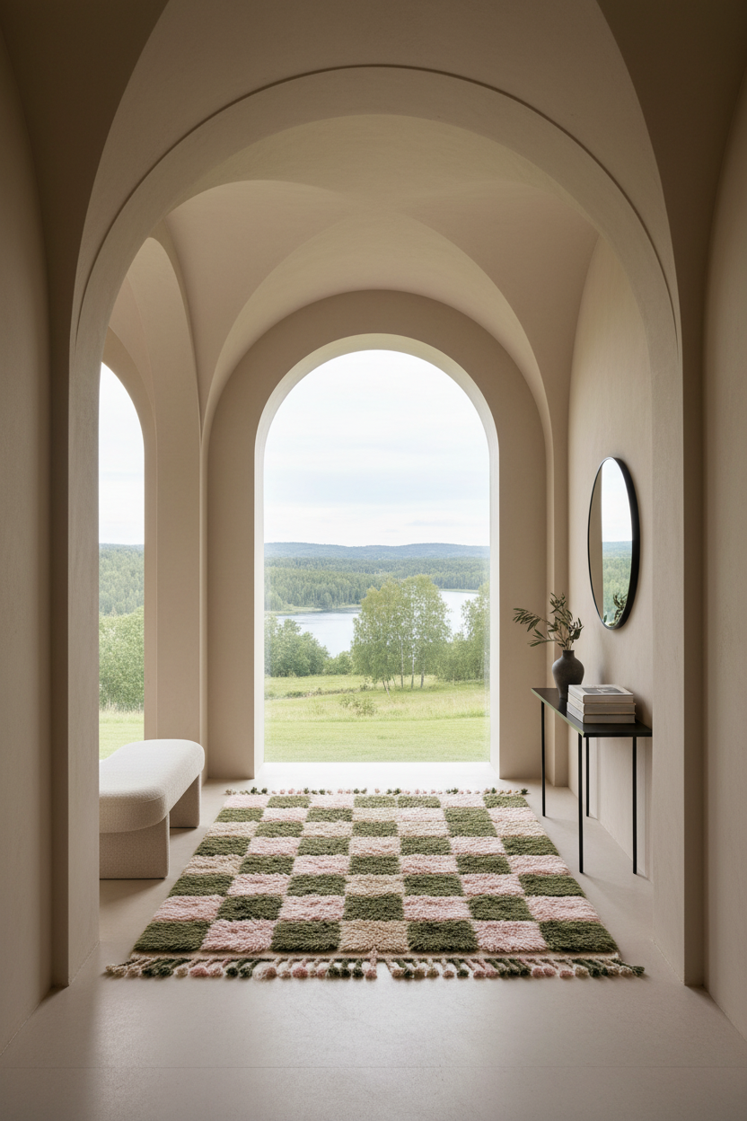 Olive Green and Pink Checkered Patchwork Moroccan Shag Rug