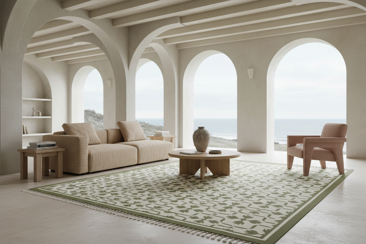 A large rectangular area rug with a green and beige botanical pattern is styled in a bright, modern coastal living room with arched windows, a beige sofa, and a wooden coffee table.