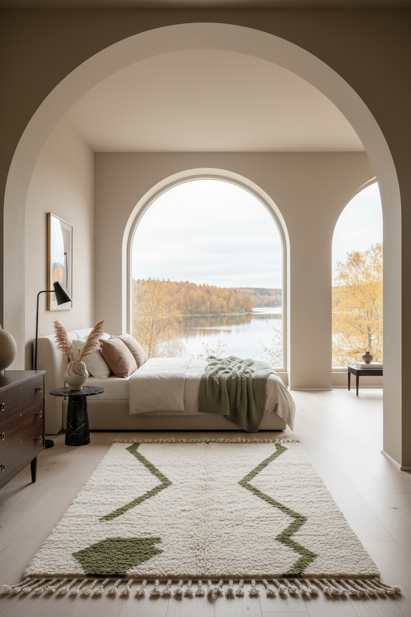 A styled bedroom interior with a large bed, cream bedding, a green throw blanket, and a patterned cream and green rug in front of a bed. The room features a warm neutral color palette, arched windows, and a scenic lake and autumn forest view outside.
