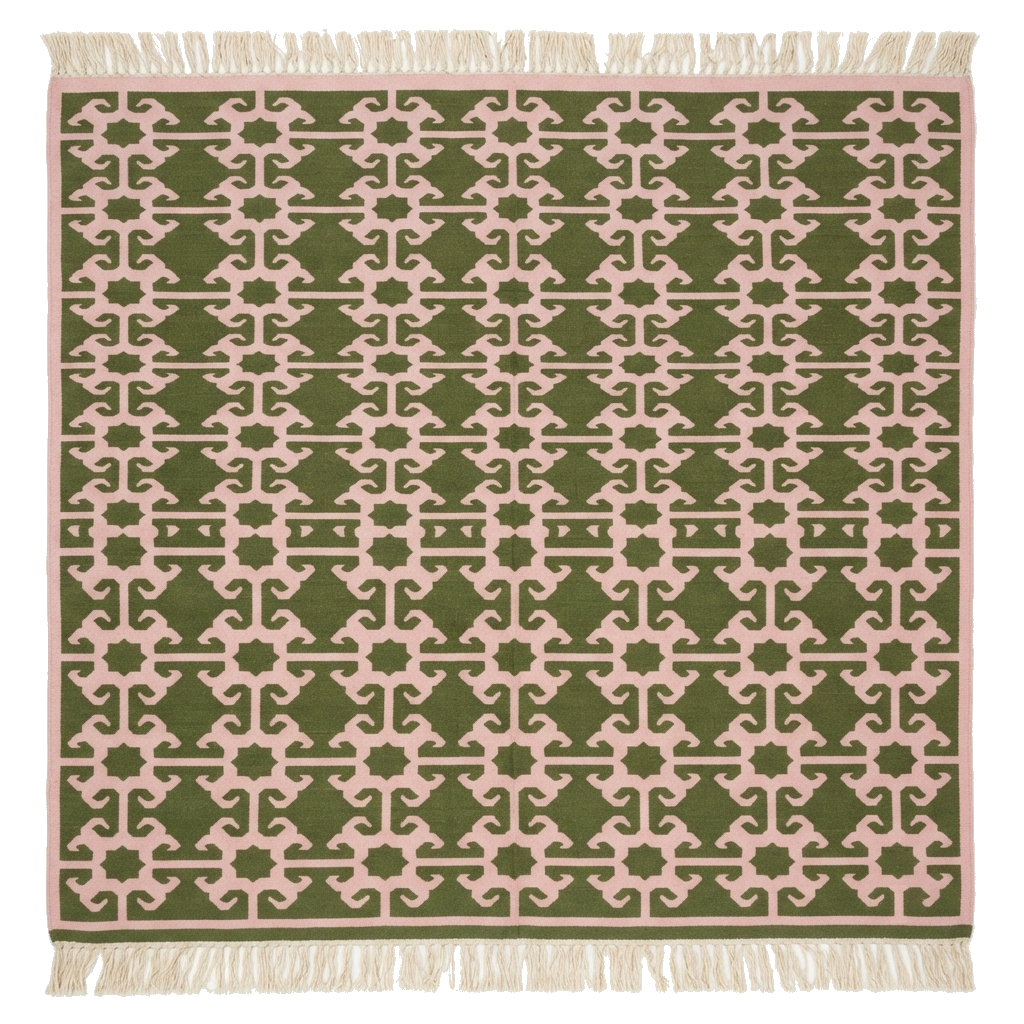 Olive Green and Cream Geometric Medallion Cotton Flat Weave Rug