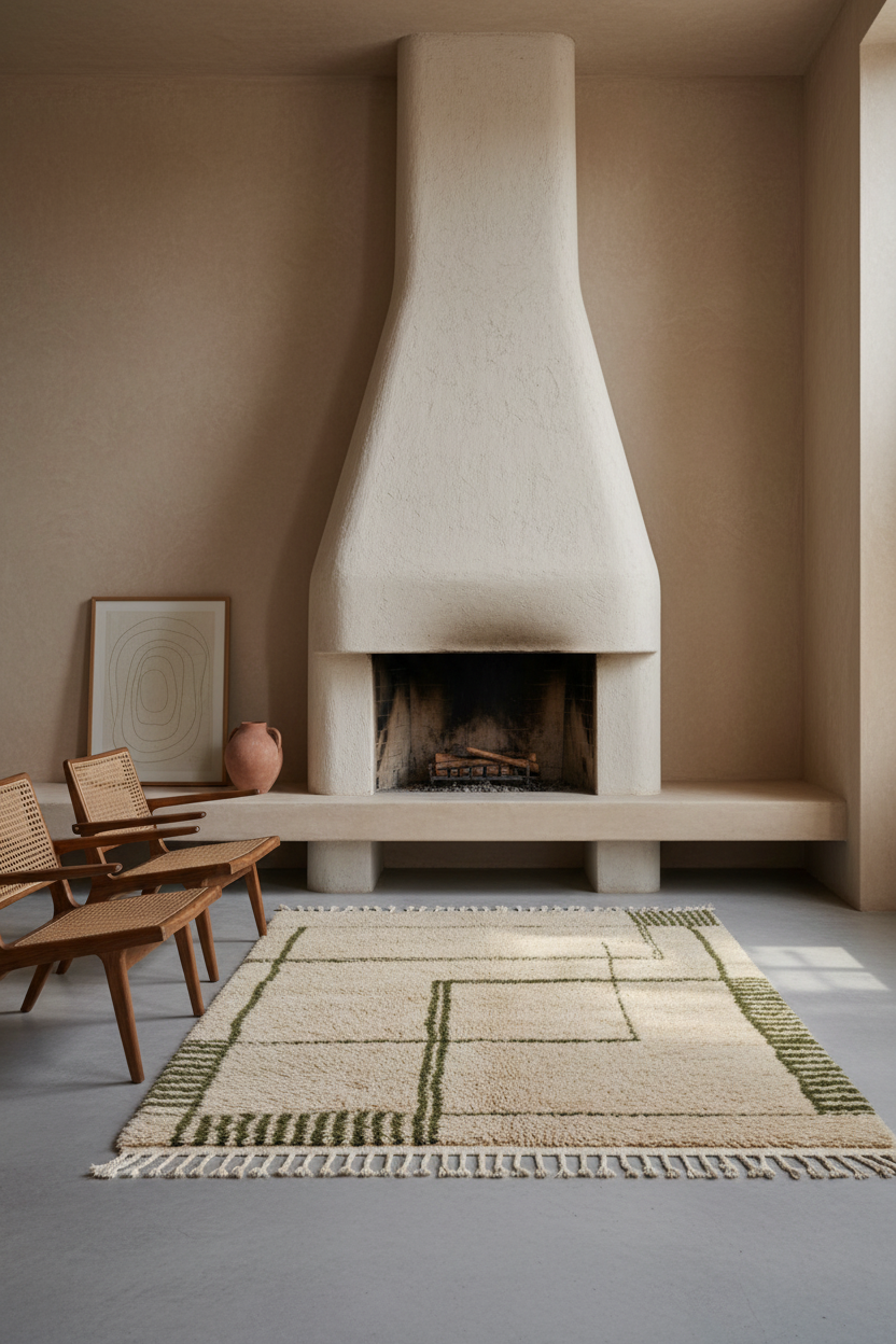 Beige Moroccan Shag Rug with Black Abstract Line Grid